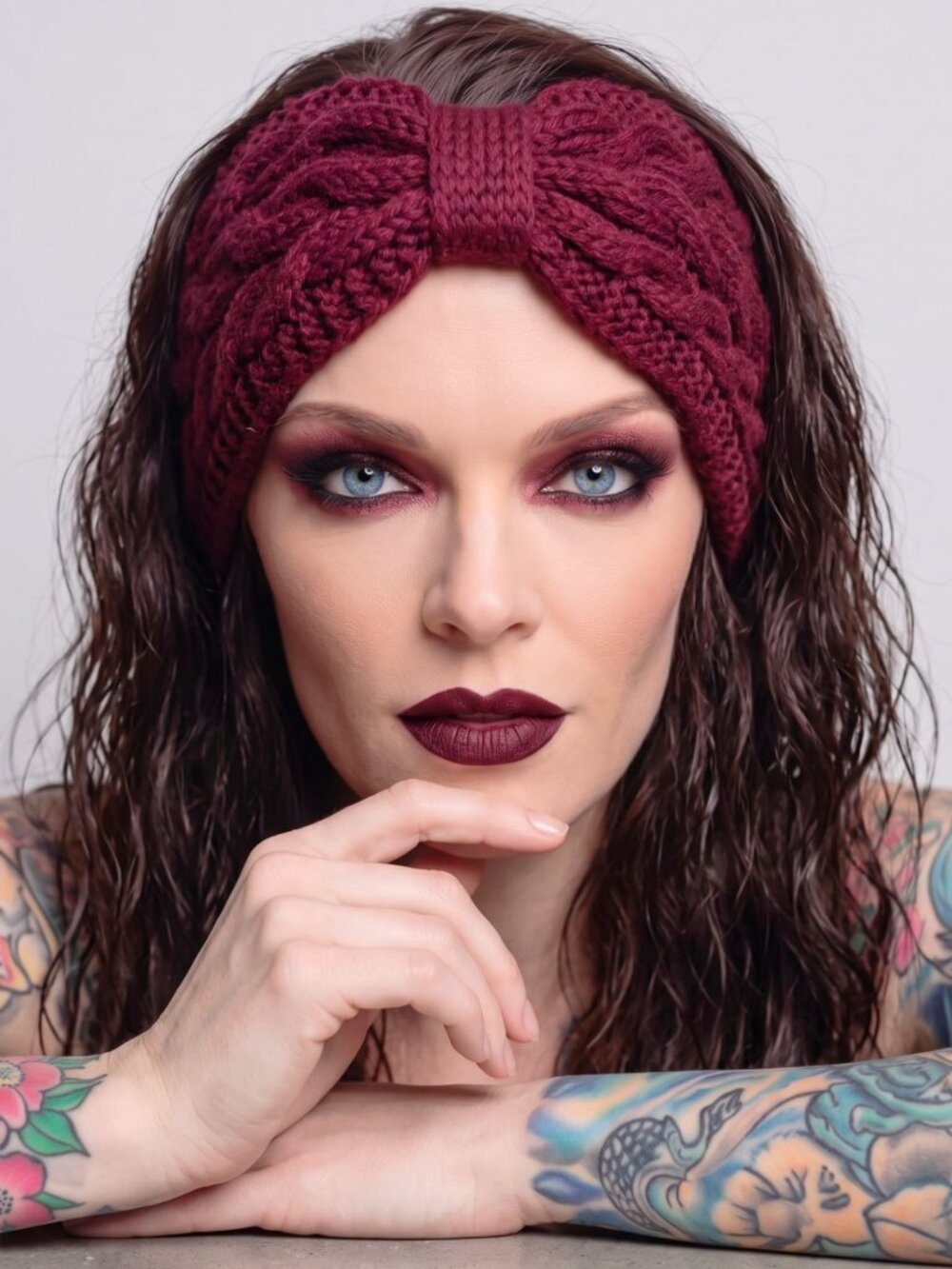 Fashion Nova ✦ Burgundy Big Bow Knit Headband ✦ Cable Knit Soft Warm Winter NIP